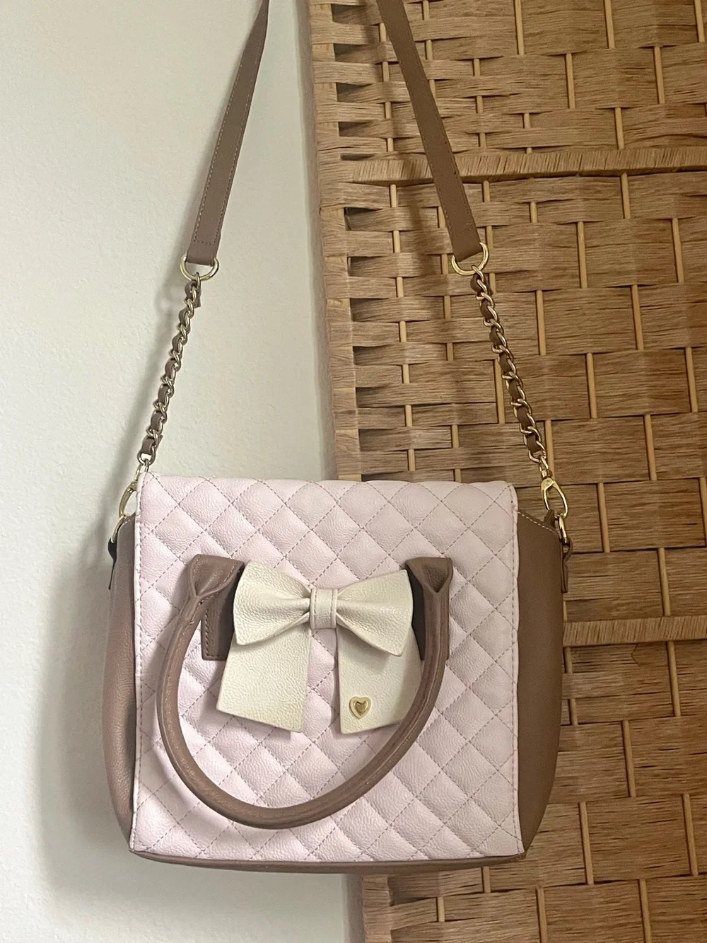 Betsey Johnson Pink Quilted Crossbody with Brown Trim & Cream Bow